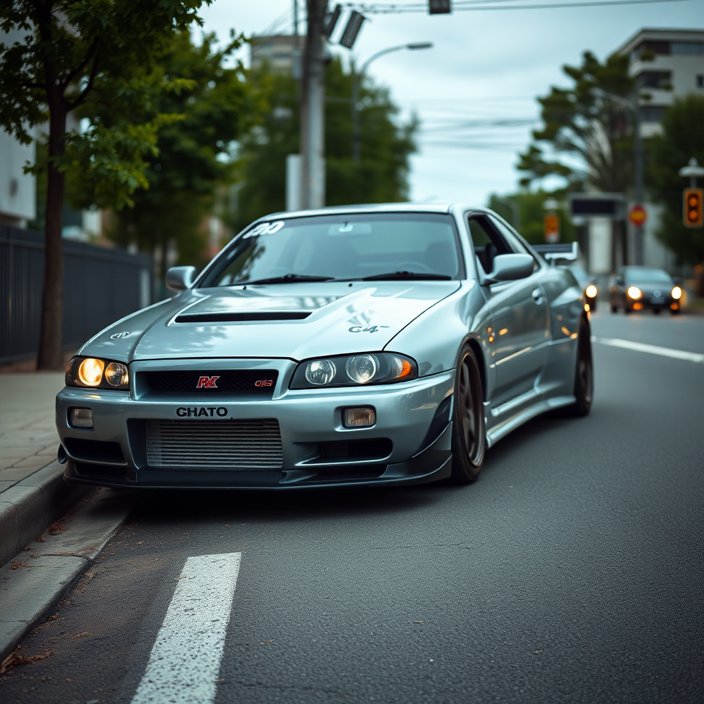 The car is parked on the side of the road, inspired by Taiyō Matsumoto, tumblr, restomod, nd4, c4 metallic shine gray black nissan skyline r34 kalabalik tokyo gece arkaplan