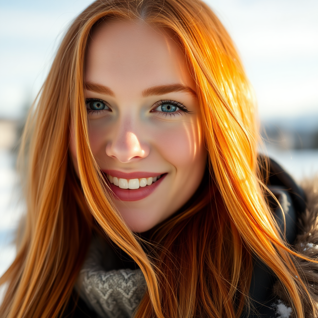 beautiful young woman with ginger cherry blonde long hair, happy full lips, perfect eyebrows, pale skin, on Alaska during winter in Anchorage on sunny snow day