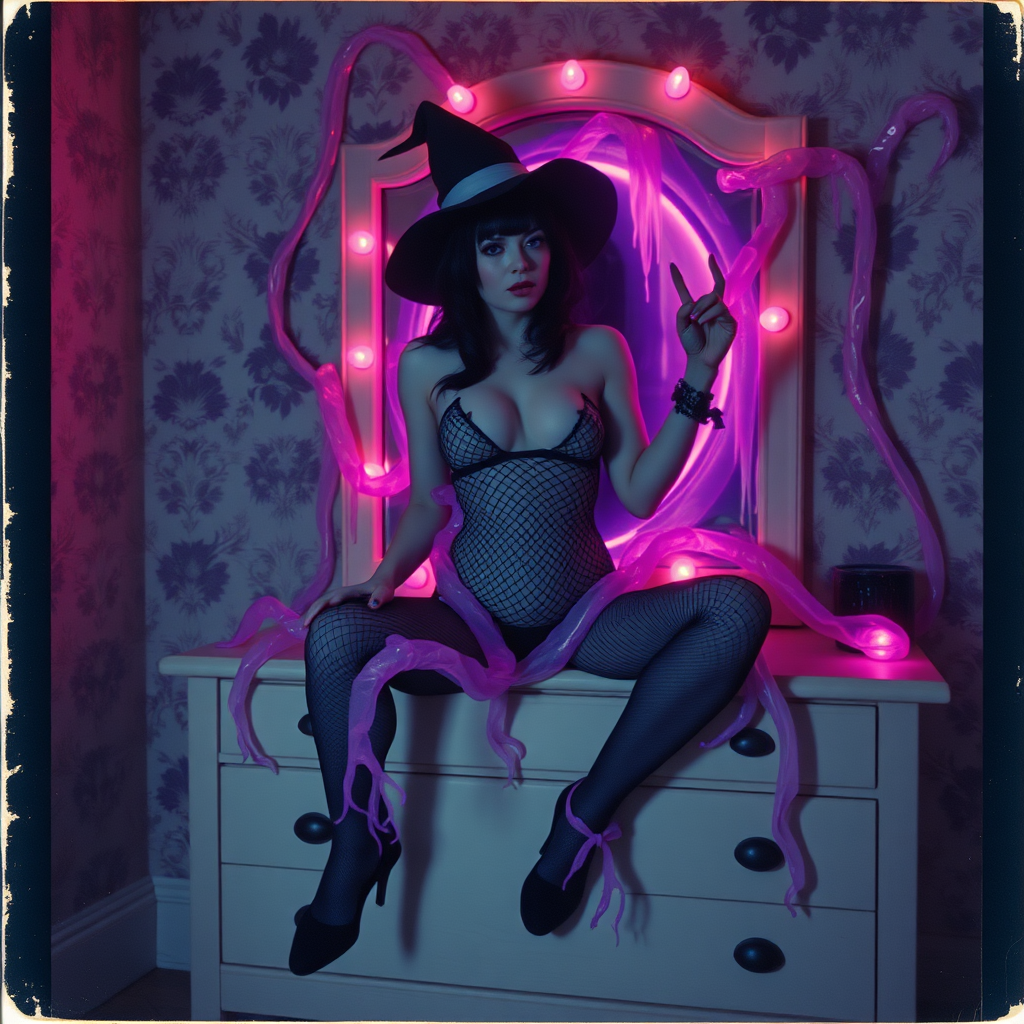 Scan of an nsfw old polaroid photograph with visible wear and heavy vignetting and blue color tint and light leaks, depicting a sexy pale curvy alt goth girl with black hair wearing skimpy fishnet black bodysuit and gstring revealing her nipples and wearing black stockings and high heels, sitting on a builtin vanity with mirror in old house with wallpaper on walls with her knees spread apart. Camera flash used. Dark lighting. Moody and hazy. Grunge look. Erotic. Nude. Pink Christmas Lights on wall. She is wearing a witch hat and is being restrained by giant glowing translucent slimy jello like purple vines dripping goo coming from inside glowing purple portal in the mirror, wrapping tightly around her arms and legs and torso. The vines are pulling her back towards the mirror.