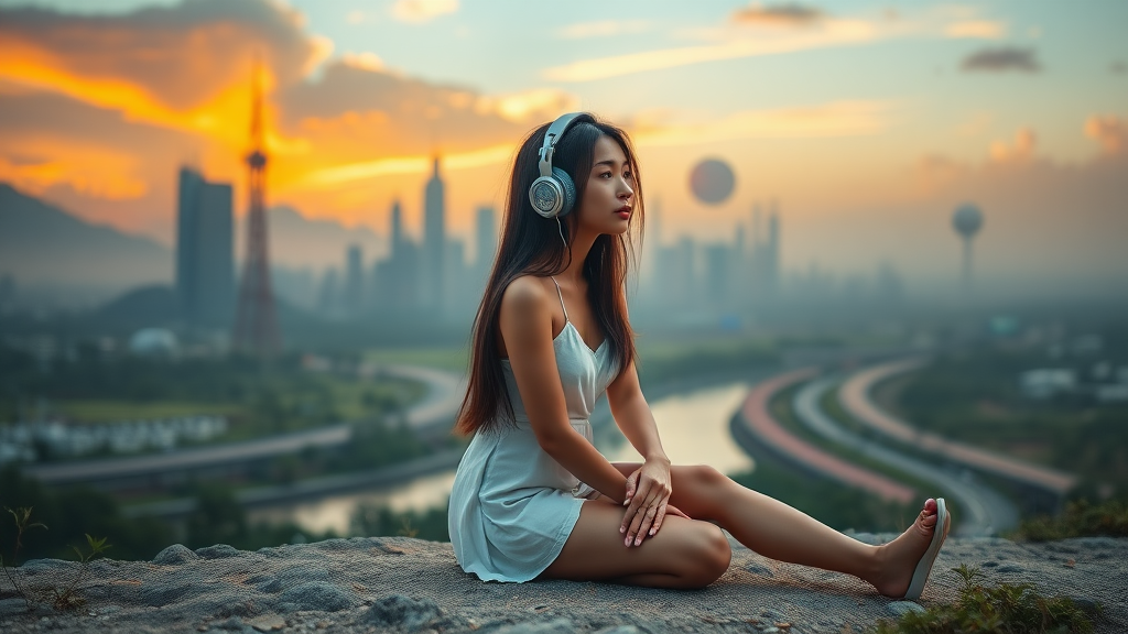 pretty asian woman with long hair in pretty short dress, sit on the ground with headphones, on an alien planet with alien city in background, nice greenery flowers, rivers and nice sunrise clouds, highways and streets, ultra realistic view and ultra high cinematic detail