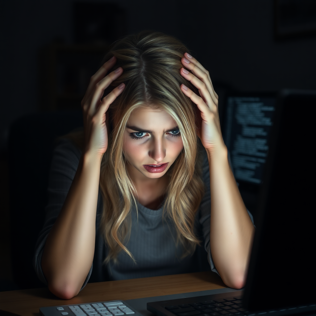 Create a foto realistic scene of a desperate young nice blonde girl sitting in front of a computer. Her posture should reflect frustration, with her hands either on her face or gripping her head. Her surroundings are a typical home or office workspace, with dim lighting adding to the tense and stressful mood. The computer screen could show error messages, glitches, or something causing her distress. The woman’s expression should be a mix of anxiety, exhaustion, and despair, with subtle attention to facial details like furrowed brows or clenched jaws.