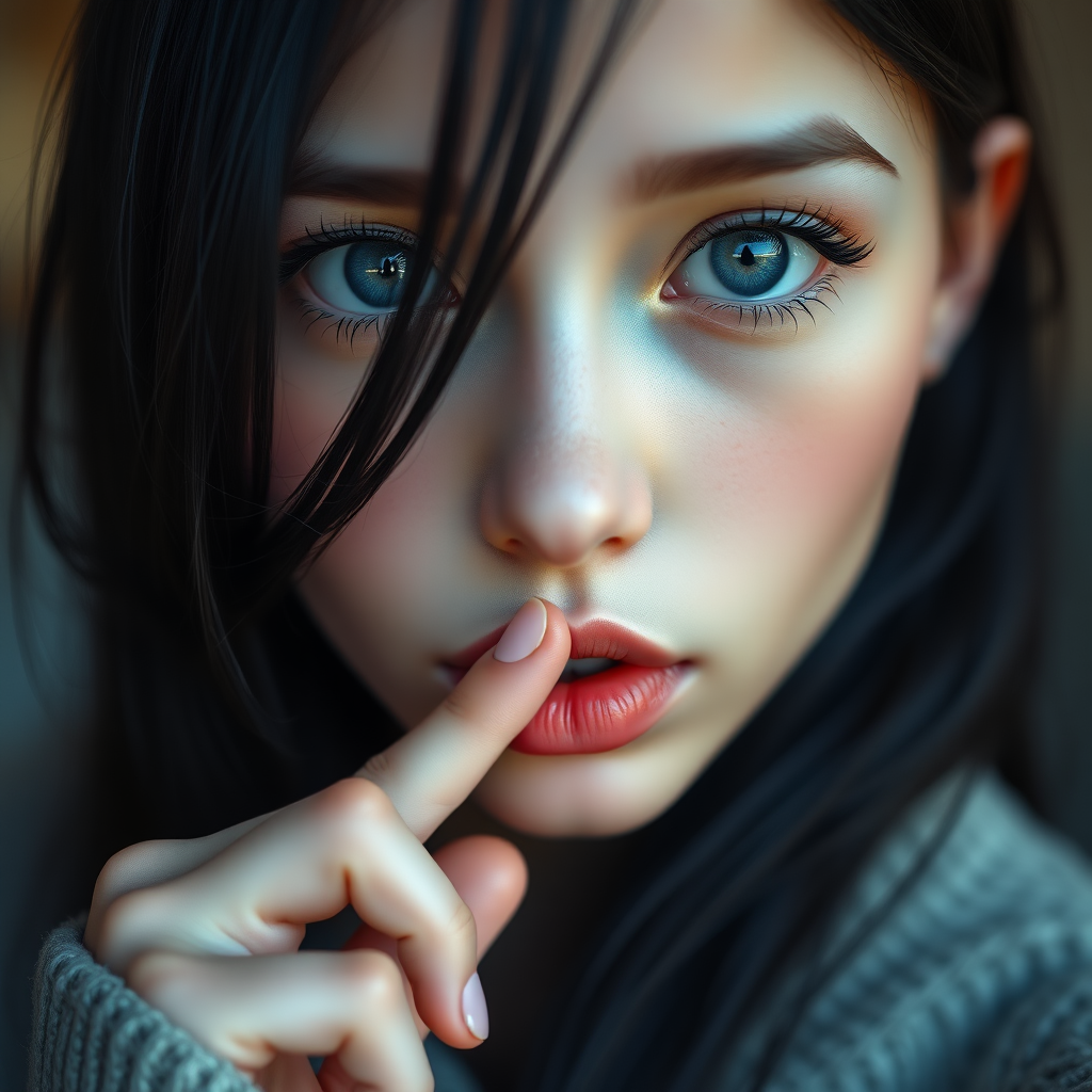 a young woman is holding her finger to her lips, 1girl, looking at viewer, blue eyes, black hair, solo focus, blurry, lips, eyelashes, blurry background, close-up, realistic