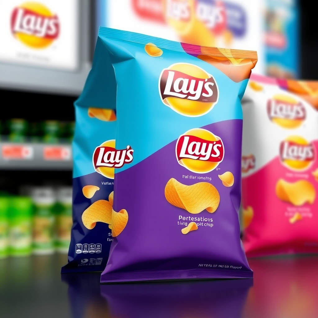 Create a modern and eye-catching packet design for Lay's potato chips that embodies the brand's fun and fresh identity. The design should incorporate vibrant colors, playful graphics, and a bold logo. Consider using elements that highlight the flavor variety, such as illustrations of ingredients or dynamic patterns. The layout should be user-friendly, with clear visibility of the flavor name and nutritional information. Aim for a design that appeals to both younger audiences and families, making it feel inviting and exciting. Explore different shapes or textures for the packet to stand out on the shelves.