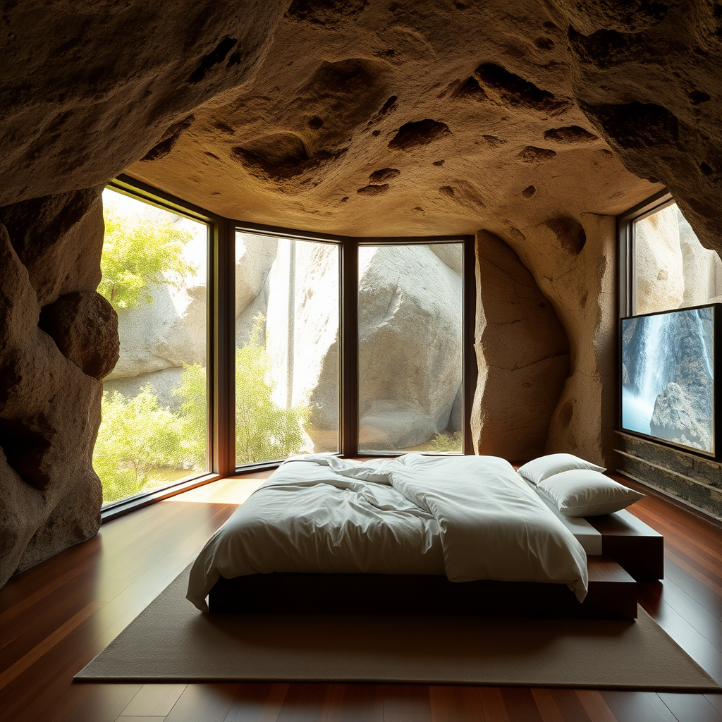 Inside the cave, stone wall textures, spacious windows, natural light, comfortable large bed, modern display screens, the integration of technology and nature, warm decor, soft lighting, green vegetation outside the window, rock wall reflections, tranquil atmosphere, real, reality.