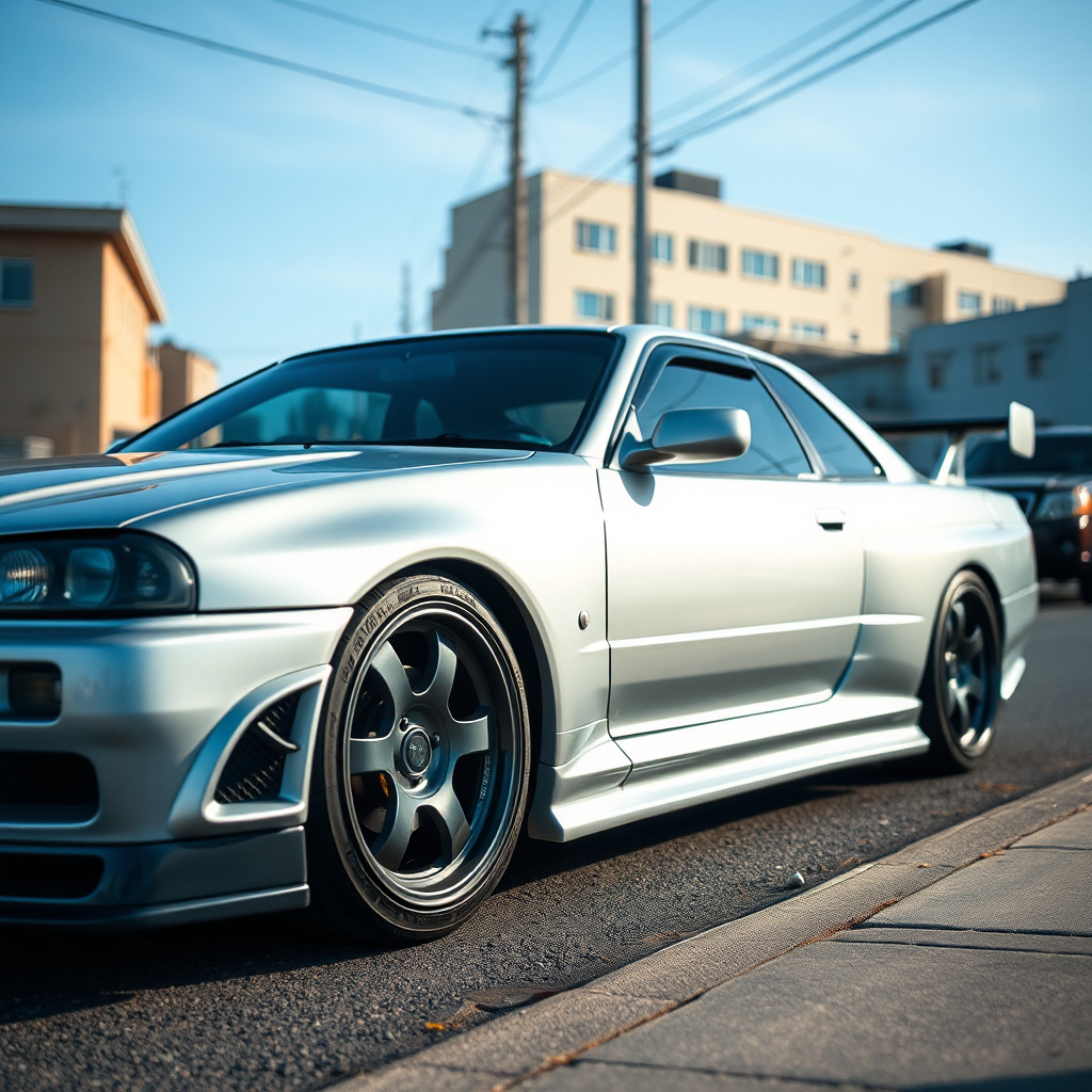 the car is parked on the side of the road, inspired by Taiyō Matsumoto, tumblr, restomod, nd4, c4 metallic shine nissan skyline r34