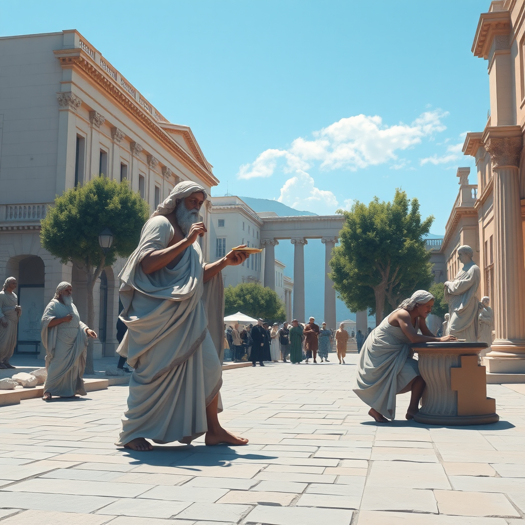 create a picture of socrates debating on an Athens street