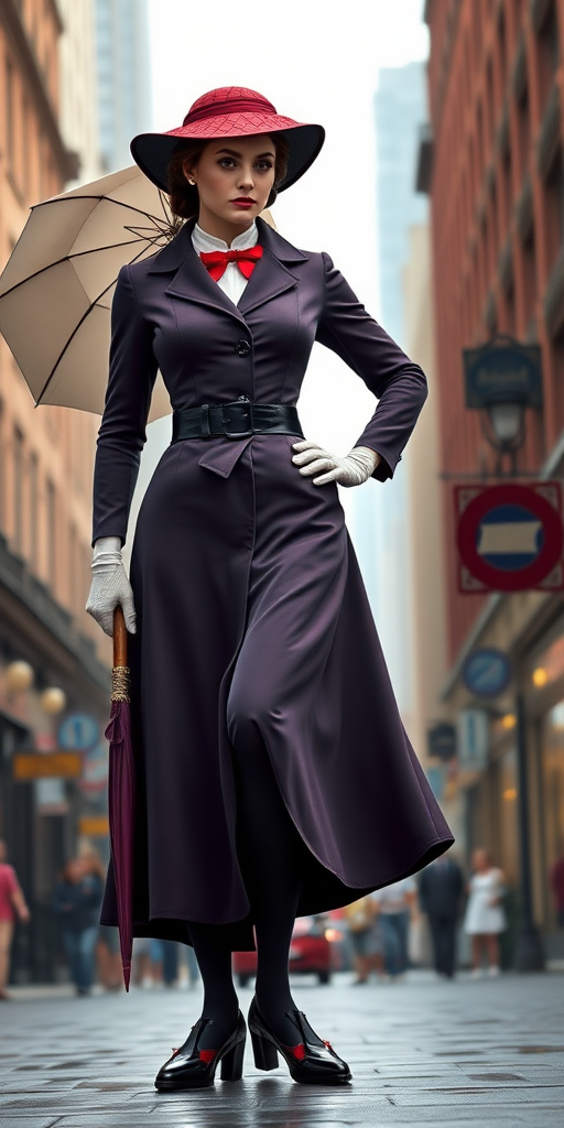 Create a full-length image of Mary Poppins with the masculine physique of Spider-Man, featuring defined muscles and an athletic build, but retaining Mary Poppins' original head. Her traditional clothing is modified to fit the muscular proportions, with a tailored, structured overcoat and elongated, fitted skirt to accentuate the build. She retains her iconic umbrella and hat. The background blends the whimsical charm of Edwardian London with the dynamic energy of a Spider-Man setting, like skyscrapers and bustling streets, reflecting both characters' worlds in one cohesive scene.