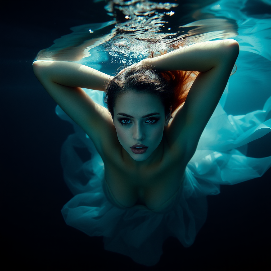 Supermodel floating underwater in diaphanous flowing gown, dark deep waters and dramatic lighting, crystal clear water her arms are up over her head stunning hd DSLR photography, she's facing the viewer looking down deeper into the water. intense and mysterious eye contact.