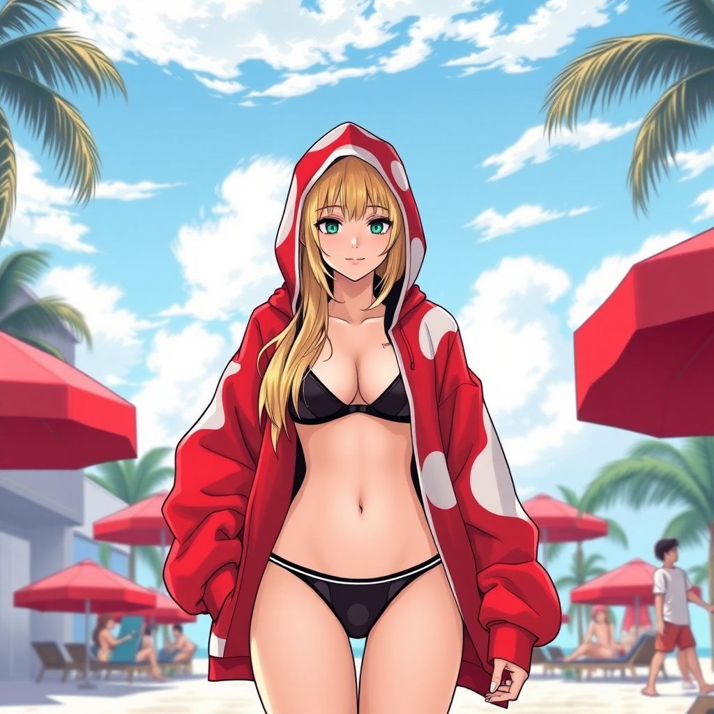 Anime style art of a blond hood girl, wearing nothing but a micro-black bikini and g-string thong under a red-white Bape hoodie, down in Miami Beach, Florida.