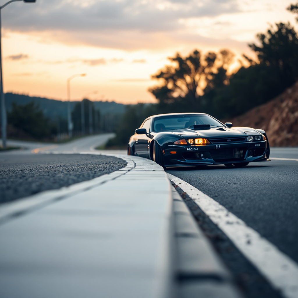 concept tuner nissan silvia s14 the car is parked on the side of the road, inspired by Taiyō Matsumoto, tumblr, restomod, nd4, c4