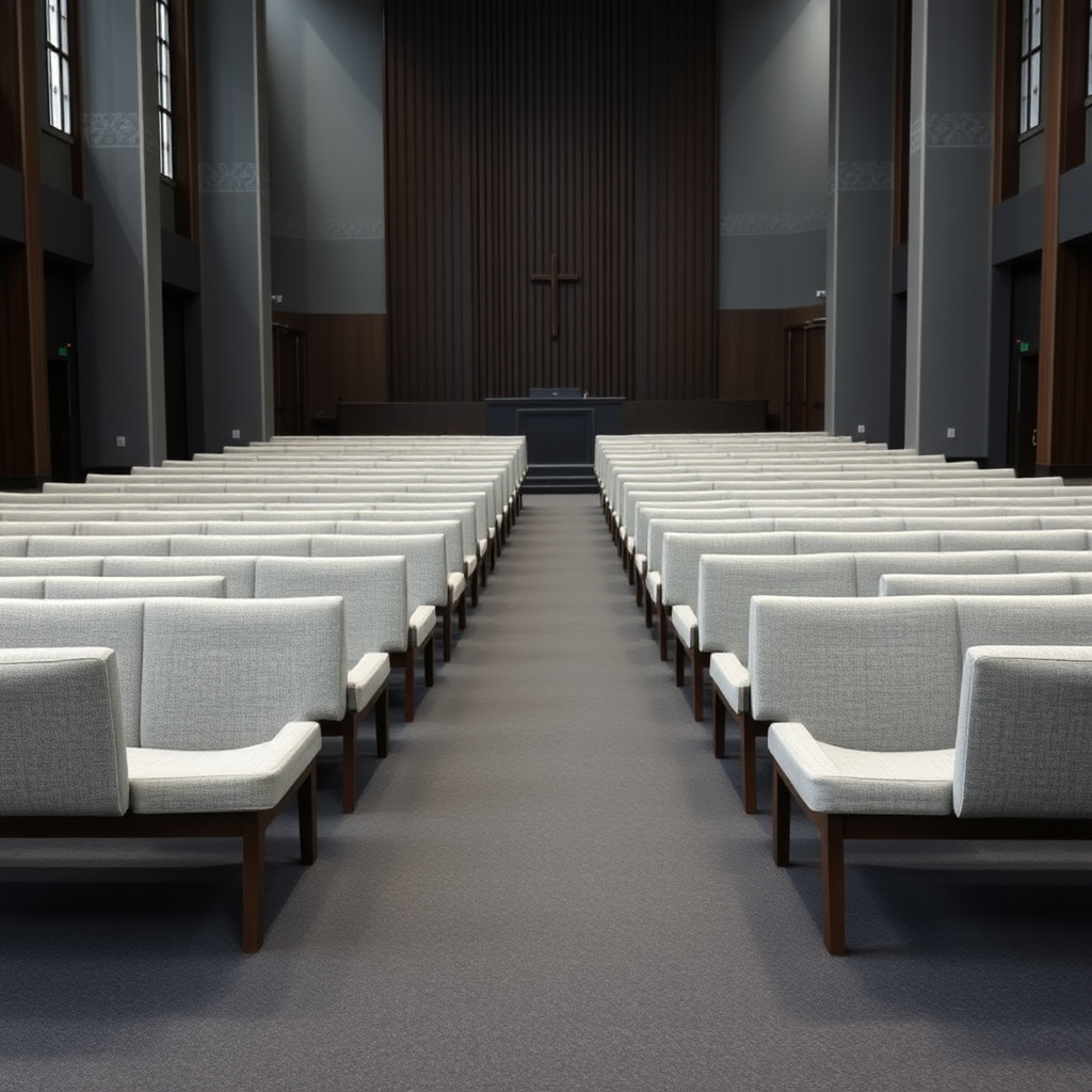 Give me grey fabric benches with a dark wooden frame that are inside a big modern church. The carpet of this church is dark grey. The pulpit is black. don't do chairs, do benches. I said no chairs!!!