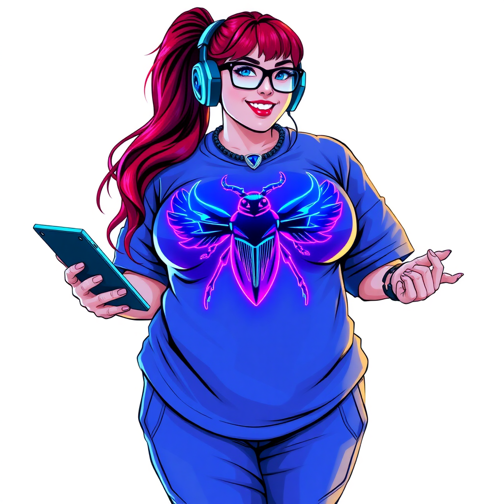 A cyberpunk vigilante’s full-figured intelligent and tech-savvy 29-year-old girlfriend, who is a computer hacker and tech genius. She has a long ruby red ponytail and bright blue eyes. She wears a sapphire beetle gemstone necklace, an oversized Maximum Blue (RGB 71, 171, 204) t-shirt featuring a giant neon blue glowing chest icon of a winged beetle, and matching Maximum Blue (RGB 71, 171, 204) sweatpants. She has a full-figured physique with a prominent, gargantuan, well-rounded midsection, reflecting her well-cared-for lifestyle. Her midsection is heavily emphasized. She sports a sapphire headset with a hi-tech sapphire lensed HUD visor, Maximum Blue (RGB 71, 171, 204) lipstick, black eyeglasses, and a beaming smile with a passionate bright red blush. Despite her figure and a lack of self-esteem, she radiates an air of beauty. She has an angular face which contributes to her radiant beauty. She serves as his tech expert from his hideout, holding a holographic tablet and a hi-tech tool wrench. The background is solid white. She is drawn as if she was in a retro 2D cyberpunk fighting game. Make sure her outfit covers her midsection.