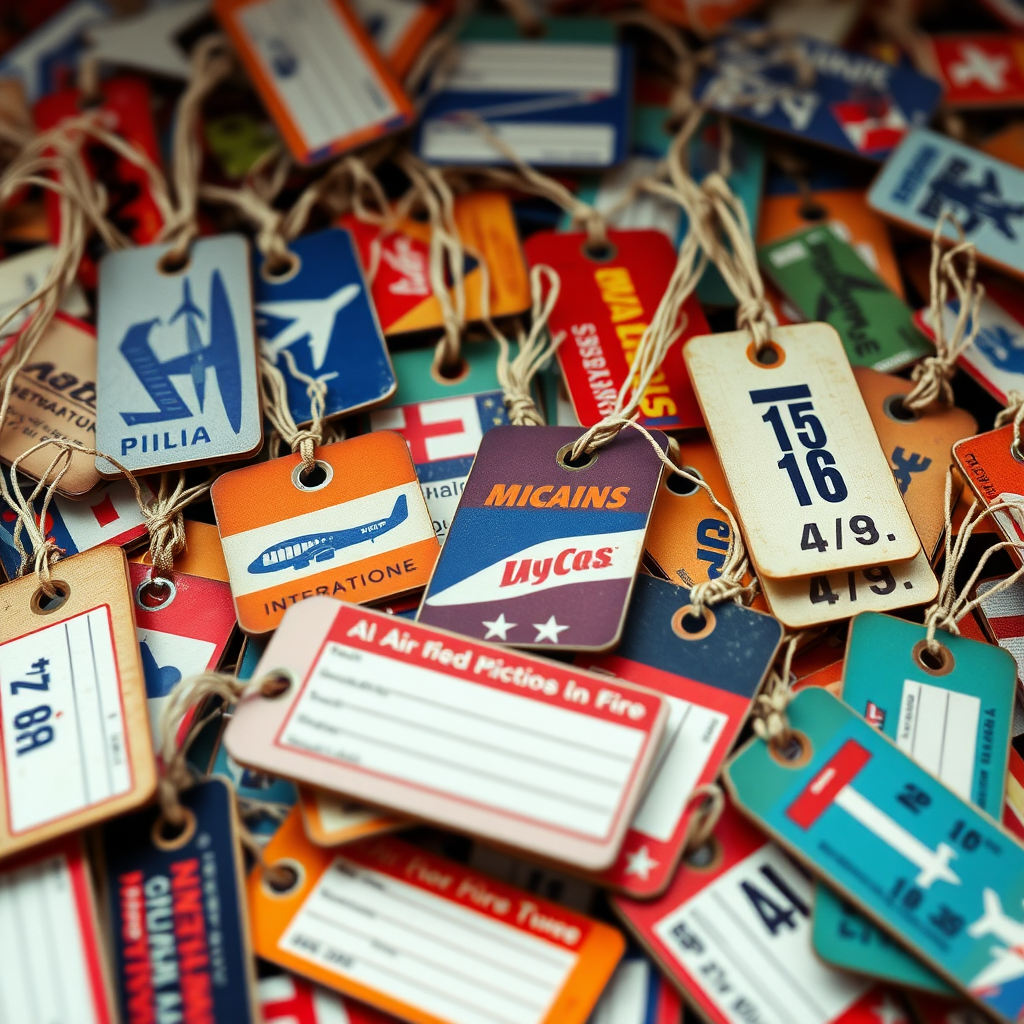 a pile of international airline luggage tags from 1970s in 16:9