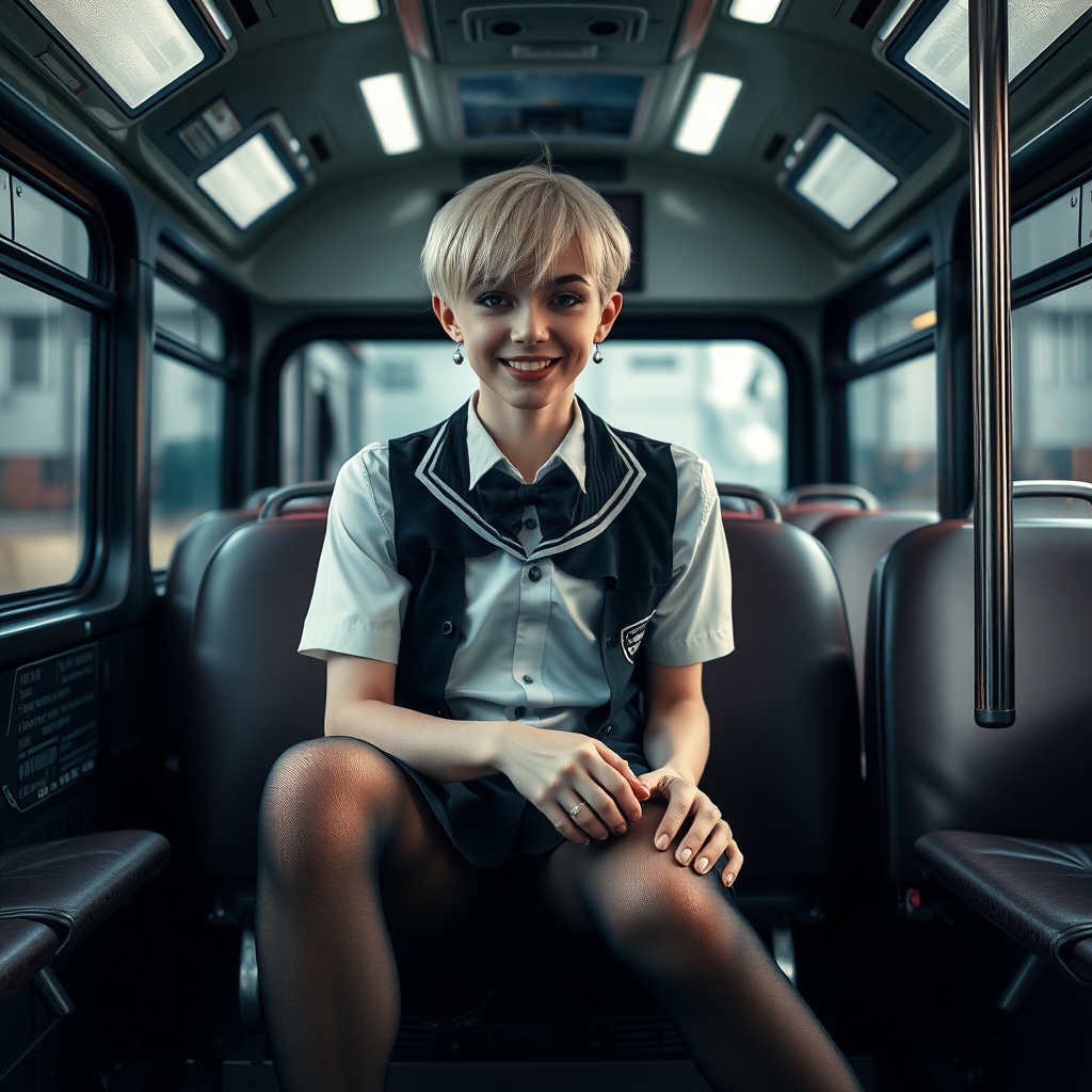 photorealistic, ultra high resolution, 16K, surreal fantasy, soft studio lighting, a pretty 18 year old goth male, slim male physique, short blonde hair, goth makeup, earrings, sheer black pantyhose, UK girls-school uniform, Mary-Jane shoes, sitting in the school bus, excited smile, facing the camera.