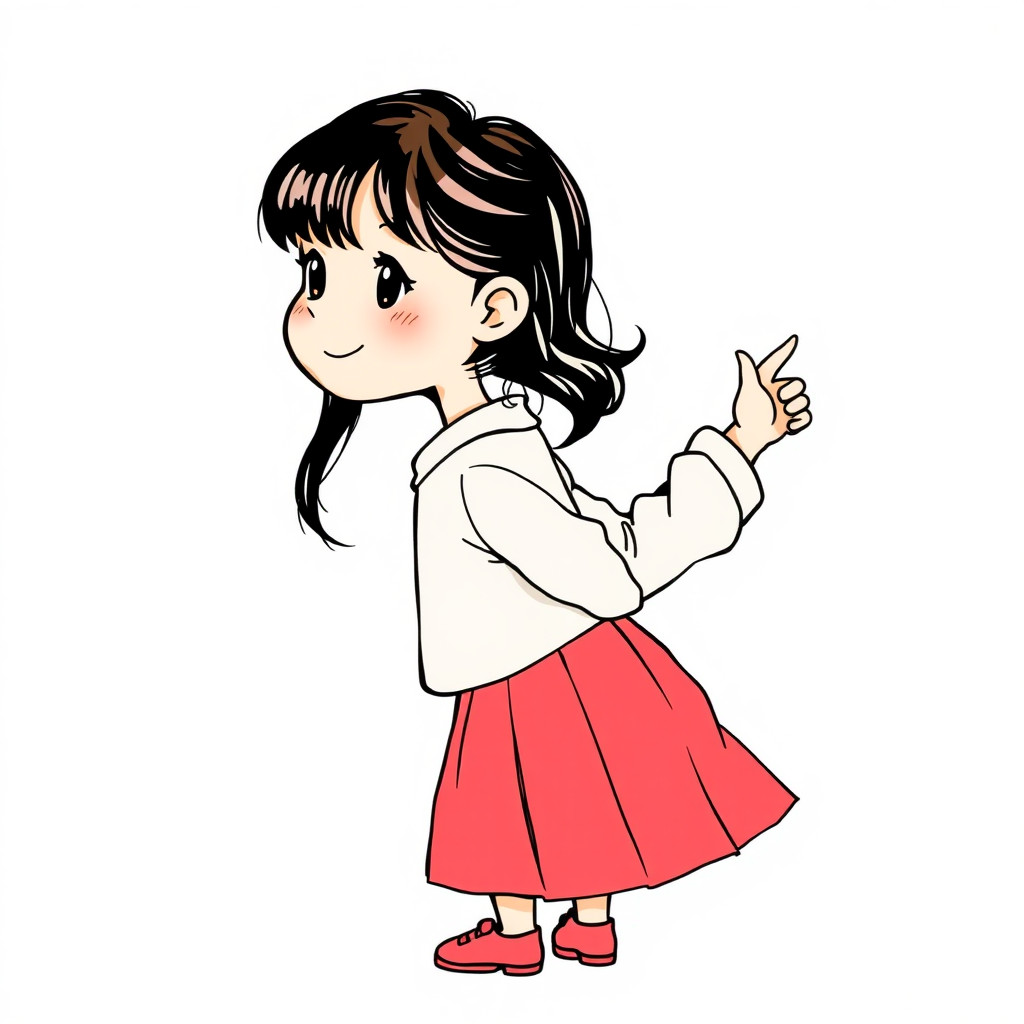 a cute, happy LITTLE GIRL drawn from the profile. Looking to the side up reaching forward. The hand points to the right. cute ink sketch style illustration in Cheerful colors. full body. hands up right. A nine-year-old GIRL. The girl wears a skirt and a long-sleeved shirt.