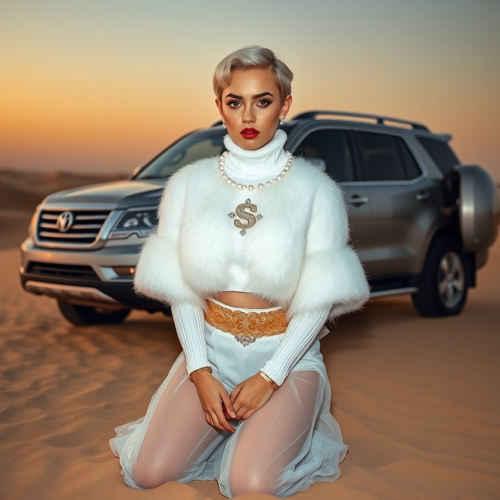 Kuwait desert dunes misty dawn, full size luxury SUV: Melissa, European 17 years old very convincing femboy “trophy-bimbo”, tamed servile docile, very beautiful feminine flawless face, rather short, by hormones very curvaceous womanly figured, platinum blond short tight curls, bold red lips, heavily made-up face, wearing Supertanya-style fluffy very fuzzy bright white angora turtleneck-poncho cropped ending under bust decorated with pearls and gemstones, striking oriental wide gold bridal protection belt, white fully transparent harem pants, full Oriental bridal jewelry including headpiece, nose-ring, coin anklets, striking diamond “$$$” letter brooch on left chest, pout frustrated, hands tied behind back, kneeling in sand in front of SUV, looking at camera. Focus on face and turtleneck-poncho.