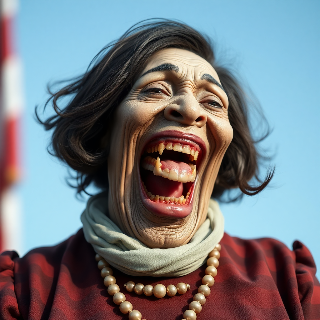 Kamala Harris lookalike old fat ugly female alien laughing with behemoth-size mouth, showing big rotten teeth,