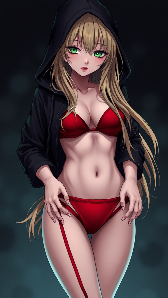 Anime, a sexy seductive and wicked long-blondish hair, green-eyes, wearing a black-dark hoodie under a red-bikini and red-gstring thong