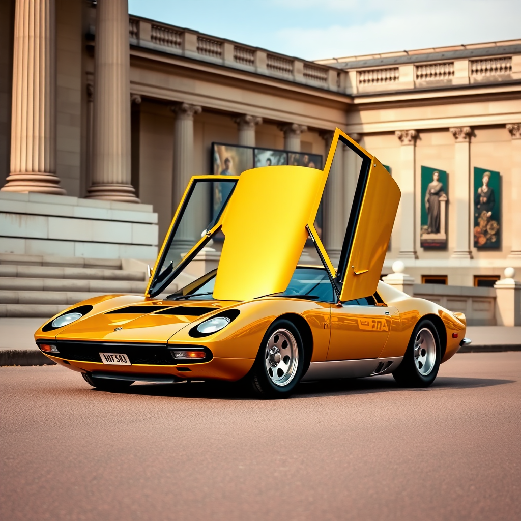 Golden Lamborghini Miura with doors open, parked in front of British Museum