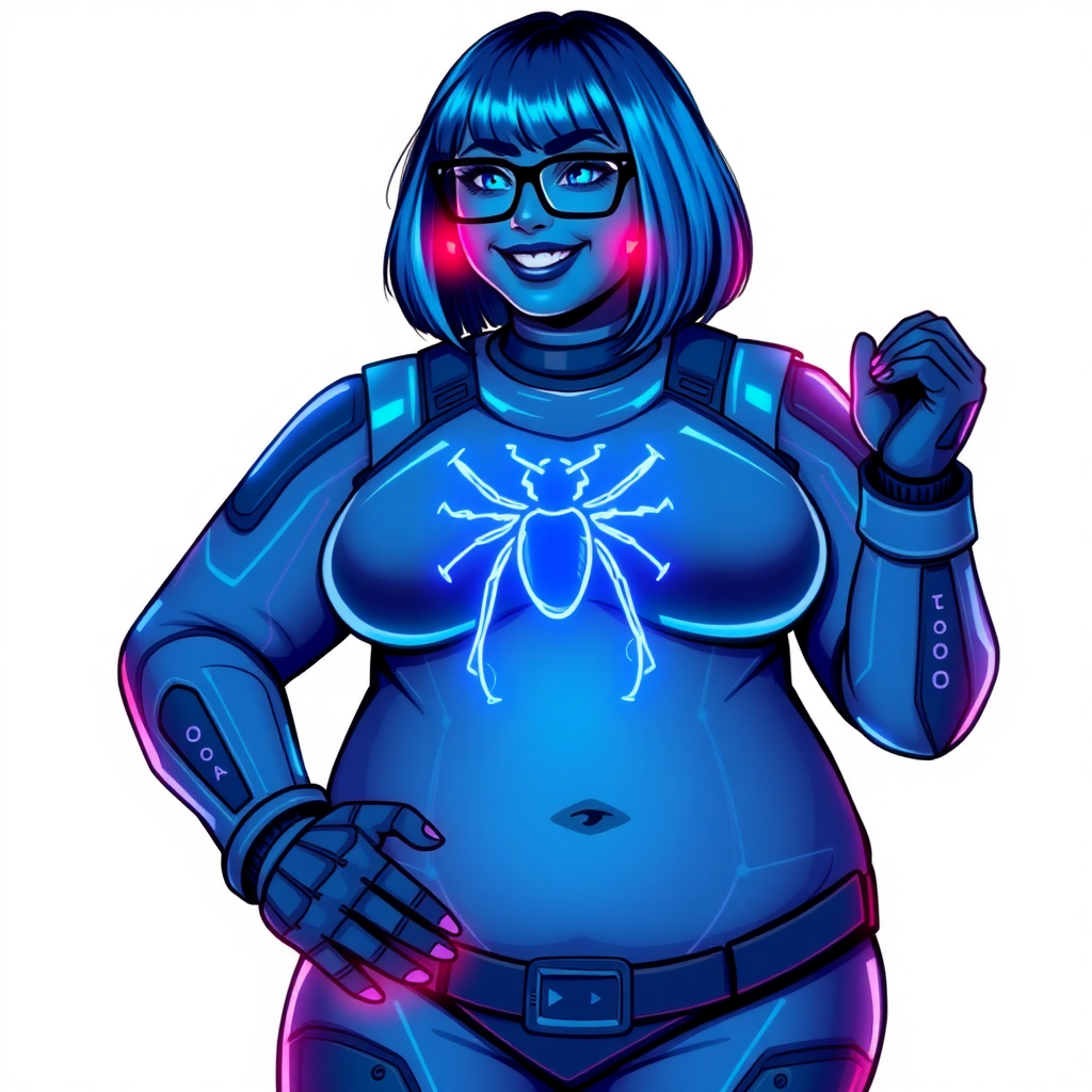 A 28-year-old full-figured computer science major has now transformed into a full-figured, nerdy digital sidekick for her cyberpunk vigilante boyfriend, sporting maximum blue skin. She is clearly non-athletic, with her full figure. Her bob cut seamlessly blends with her skin, appearing to merge together as computer data, and her neon blue eyes glow intensely. Her full figure is defined by a prominently round, gargantuan midsection, sequoia-sized limbs, and broad shoulders. As a loyal and supportive sidekick, she plays a crucial role in their missions, using her digital skills to assist and protect.

She wears a digital, computerized maximum blue bodysuit that blends with her hair and skin (appearing to merge together like computer data), all colored maximum blue. The bodysuit has a neon blue chest icon of a beetle, along with matching high-tech gloves. She bashfully giggles with a neon red blush, emitting neon blue data cubes from her body, set against a solid white background. Heavily pampered by her doting boyfriend, her full figure (especially her prominent, round, gargantuan midsection) clearly shows this care. She has the ability to hack into computers and machines, and her nerdiness is blatantly obvious with her black oversized eyeglasses. Her full figure (especially her prominently round gargantuan midsection) is prominently displayed and heavily emphasized. Her outfit is influenced by DC’s Jennifer Knight Phantom Lady but remains distinct. She is drawn as if she was in a retro 2D cyberpunk fighting game. Ensure she is distinct from Inside Out's Sadness, The Power of Surge's Debra, and any other character. Ensure her midsection is round. Her proportions are bloated to emphasize her non-athletic, full figure. She is clearly non-athletic, with her figure giving way to a ball of pudge.