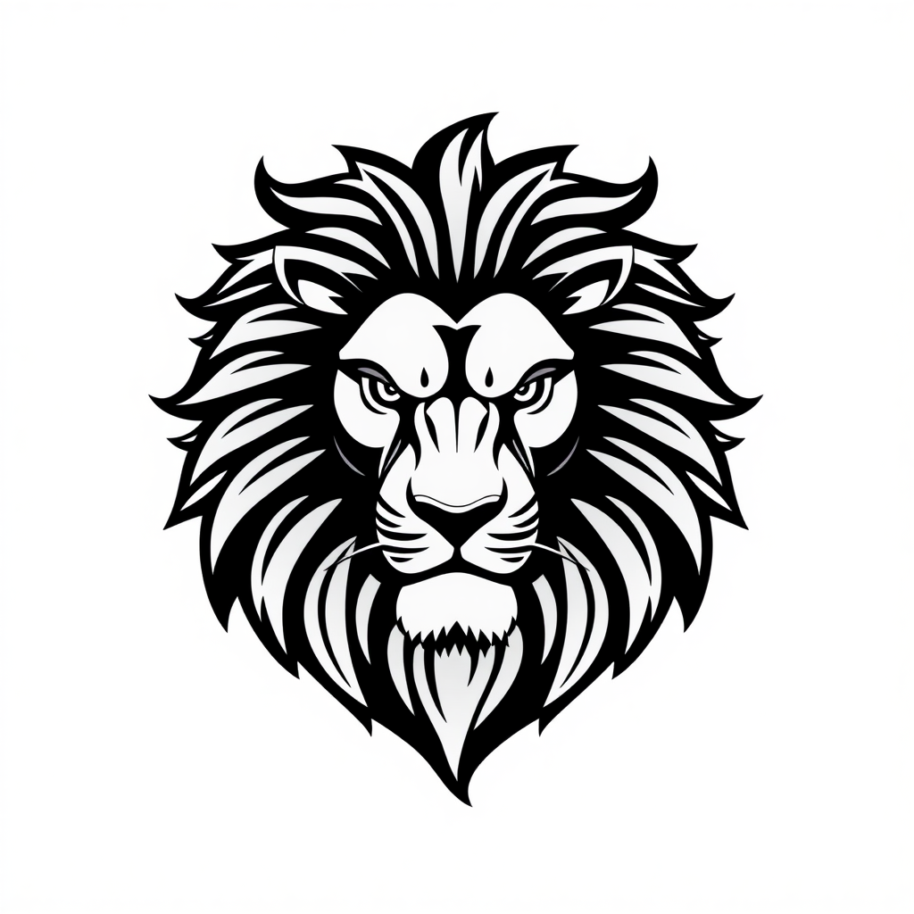 Create a logo design of a stylized lion, illustrating a majestic and powerful expression. The lion should be drawn in black against a light background, highlighting its voluminous and intricately detailed mane. The artistic style of the illustration should convey strength and courage, making it suitable for use as part of a sports uniform or branding.