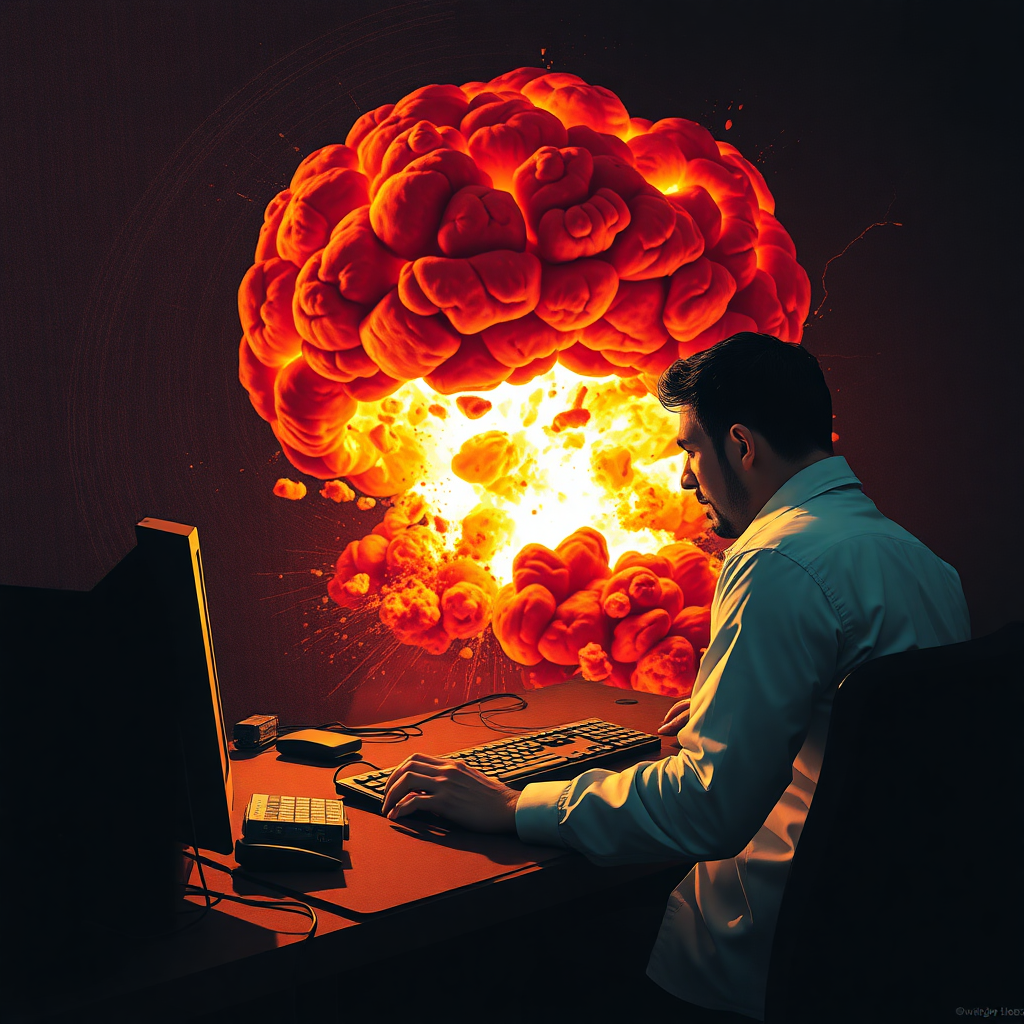 A guy playing on a computer which explodes into a nuclear blast ripping his flesh off and his bones