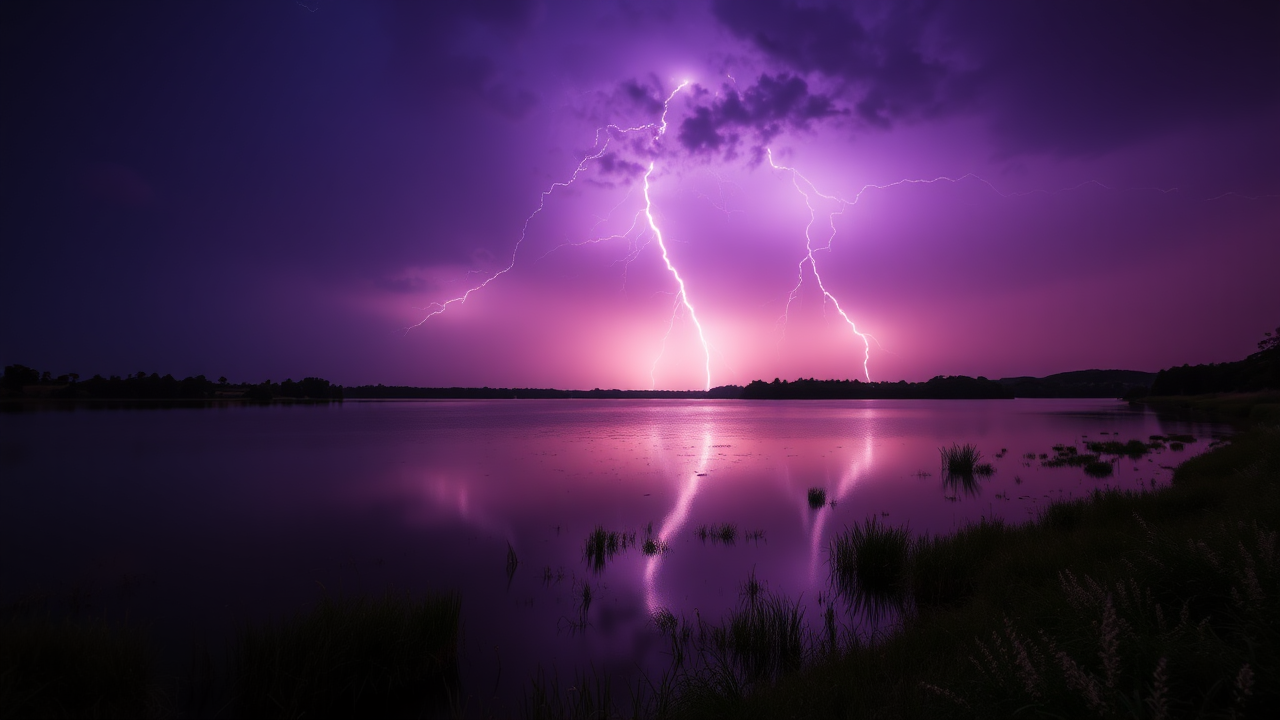 photo, lakes, nature, purple sky, lightning