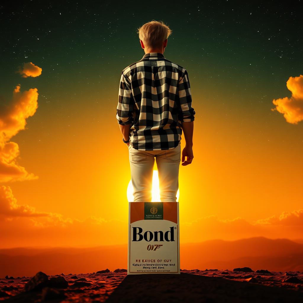 full-body photo, view from behind, a SCI-FI film poster, 1970 style poster, the blonde young man in plaid shirt(white and black) stand with his feet on the pack of cigarettes(with name "bond") that flies straight to the sun, universe, 4k, HDR