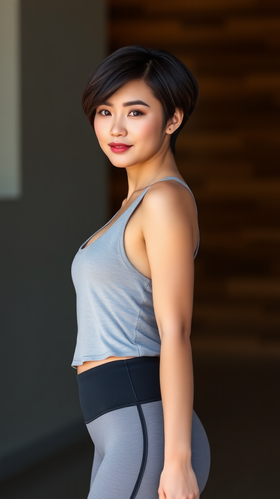 A beautiful Chinese woman, with short hair, a full figure, a small chest, wearing yoga pants and a tank top.