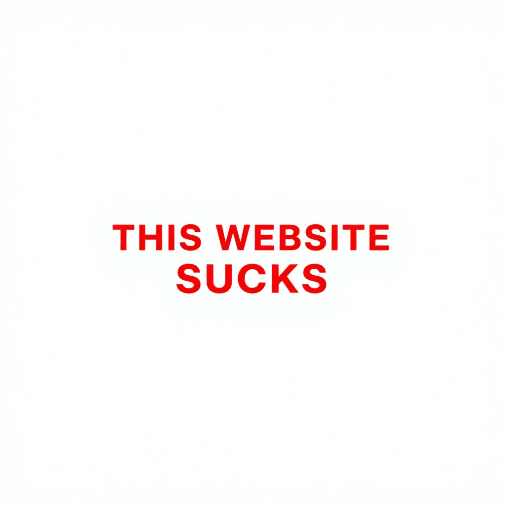 a simple monotype red text against a white background reading "THIS WEBSITE SUCKS"