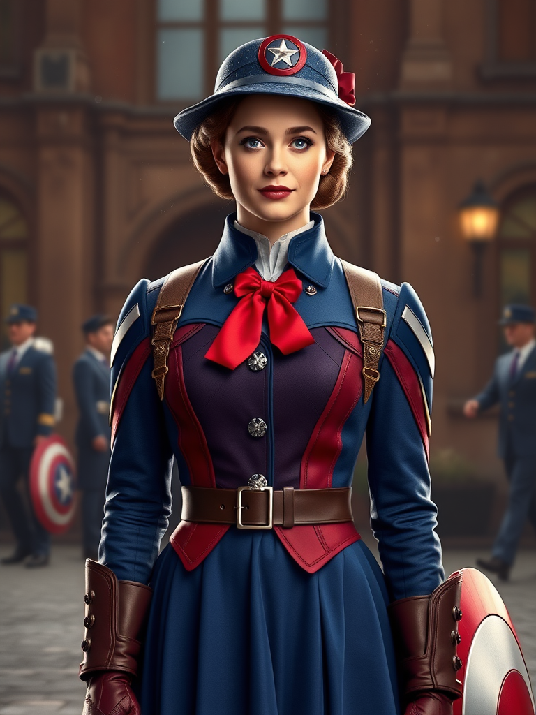 Create a full-length rendered image of Mary Poppins, using Steve Rogers' male figure for the body. Retain Mary Poppins' head, hairstyle, and facial features. Incorporate her iconic costume while adding embellishments inspired by Captain America's uniform. Adjust the costume to fit Steve Rogers' proportions. Design a background that harmoniously combines elements from both characters, emphasizing their unique worlds and styles. Ensure the image captures the whimsical charm of Mary Poppins alongside the heroic essence of Steve Rogers, merging their characteristics into a cohesive and striking new portrayal.