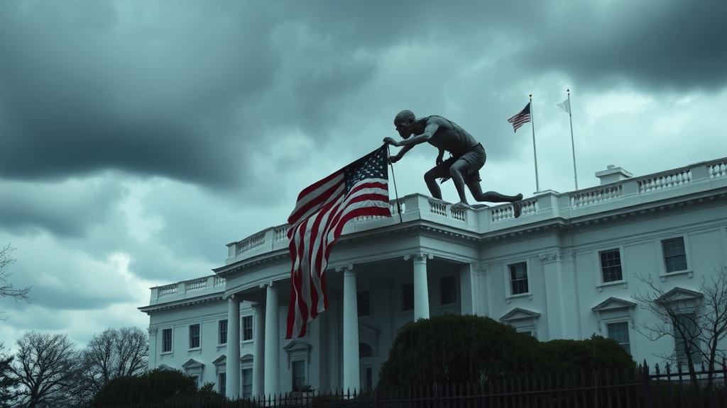 A terrifying zombie, with human consciousness, crawls onto the roof of the White House, pulling down the American flag. It's an overcast day, the sky is filled with dark clouds, and the ground is wet from the rain.