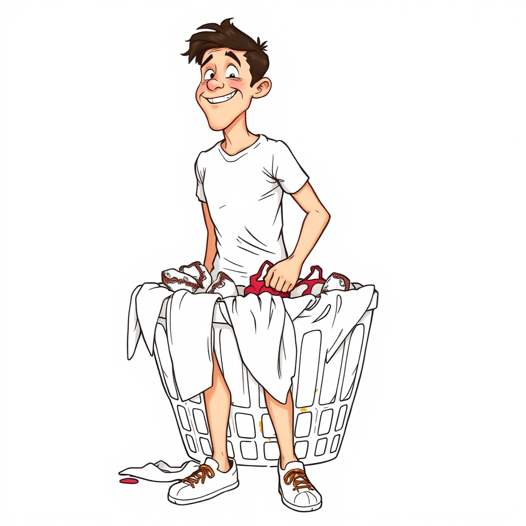 nervous short 20 year old european skinny man, short white t-shirt, standing, stunned, mesmerized, joyful, heavy drooling, fumbling through a dirty laundry basket full of sexy woman stained lingerie, detailed fabric, side view, shoes, detailed feet, 2D, caricature, cartoon, Sketch lines, coloring book, coloring book,