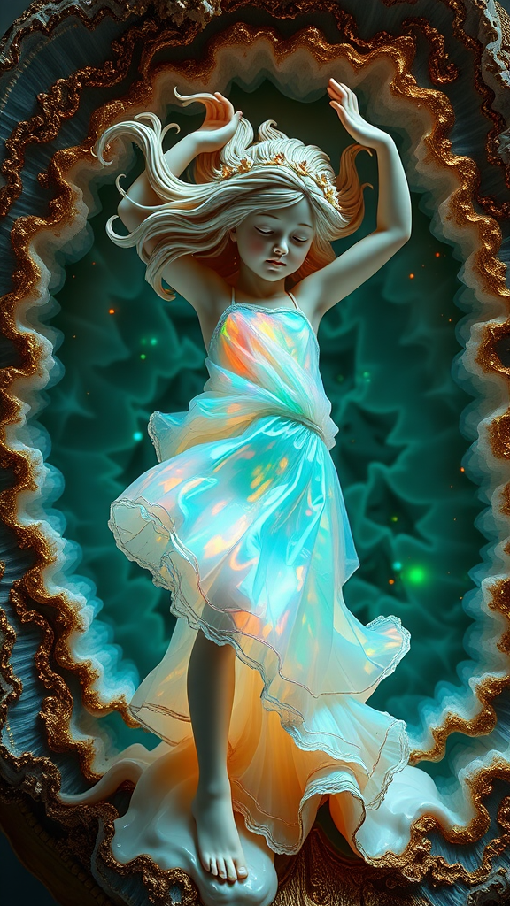 preteen girl statue in dynamic pose, porcelain doll, mandelbulb fractal, ultra-detailed, dynamic composition, artistic photograph, geode, alabaster, fractal, brilliant colors, glittering, illumination, transparency, translucent, opal, turquoise, gold, romanticism, sharp focus, pottery, floral