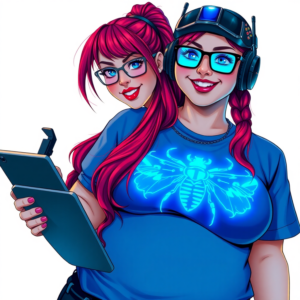 A cyberpunk vigilante’s full-figured intelligent and tech-savvy 29-year-old girlfriend, who is a computer hacker and tech genius. She has a long ruby red ponytail and bright blue eyes. She wears a sapphire beetle gemstone necklace, and an oversized Maximum Blue (RGB 71, 171, 204) t-shirt featuring a giant neon blue glowing chest icon of a winged beetle. She has a full-figured physique with a prominent, gargantuan, round midsection, reflecting her well-cared-for lifestyle. The midsection is heavily emphasized. She sports a sapphire headset with hi-tech Maximum Blue (RGB 71, 171, 204) lensed HUD visor, Maximum Blue (RGB 71, 171, 204) lipstick, black eyeglasses, and a beaming smile with a passionate bright red blush. Despite her figure and a lack of self-esteem, she radiates an air of beauty. She has an angular face which contributes to her radiant beauty. She serves as his tech expert from his hideout, holding a holographic tablet and a hi-tech tool wrench. The background is solid white. She is drawn as if she was in a retro 2D cyberpunk fighting game.