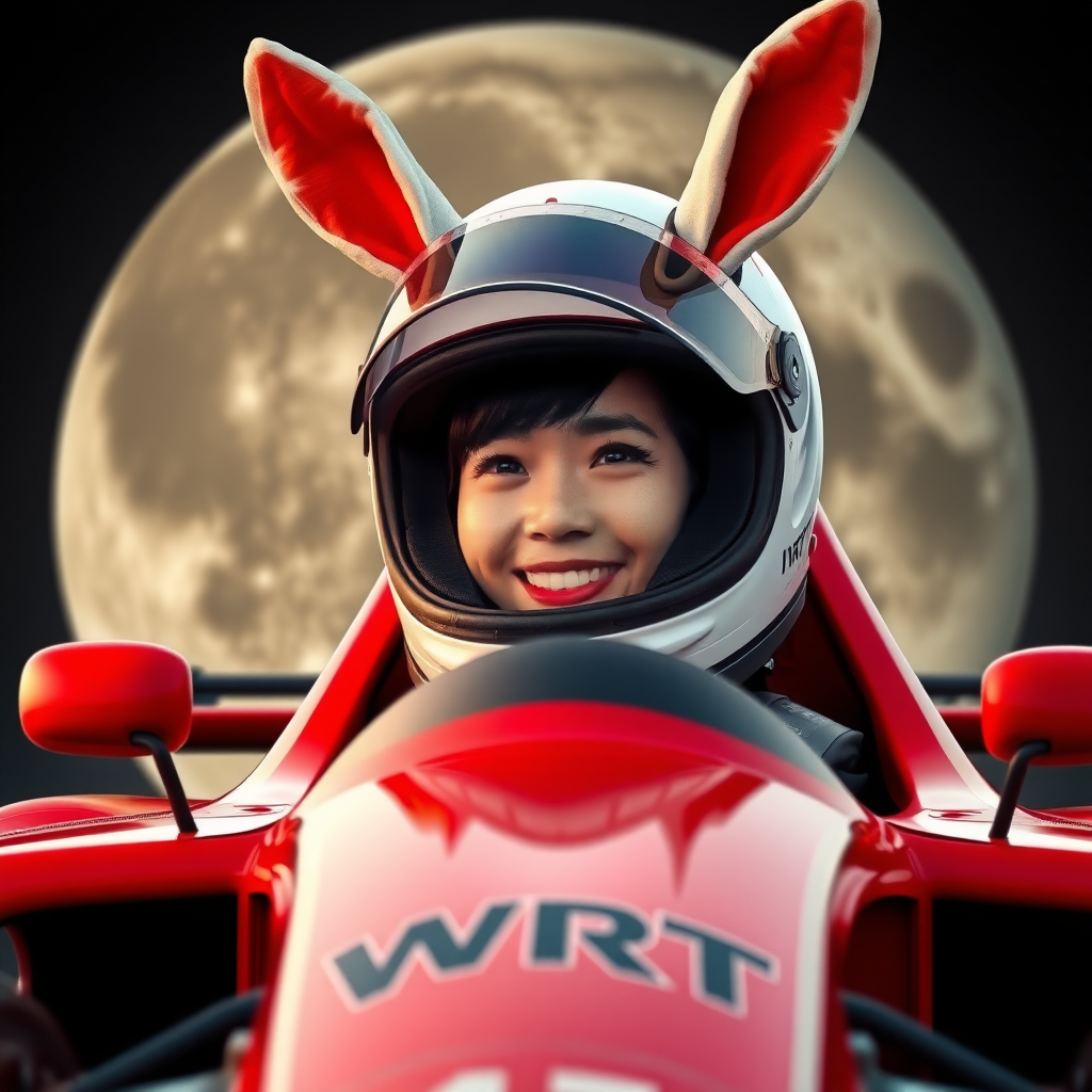 A red racing car with "WRT" written on it, a smiling Chinese female racer wearing a full-face helmet, the visor of the helmet lifted up, with rabbit ears protruding from the helmet, and a huge moon in the background, displaying visible craters.