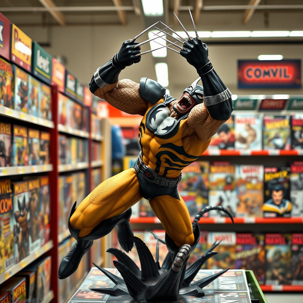 Jumping out of a Comic book cover on a store shelf is Wolverine impaling Venom up in the air over his head in Cinematic Real3D photo-realistic quality.