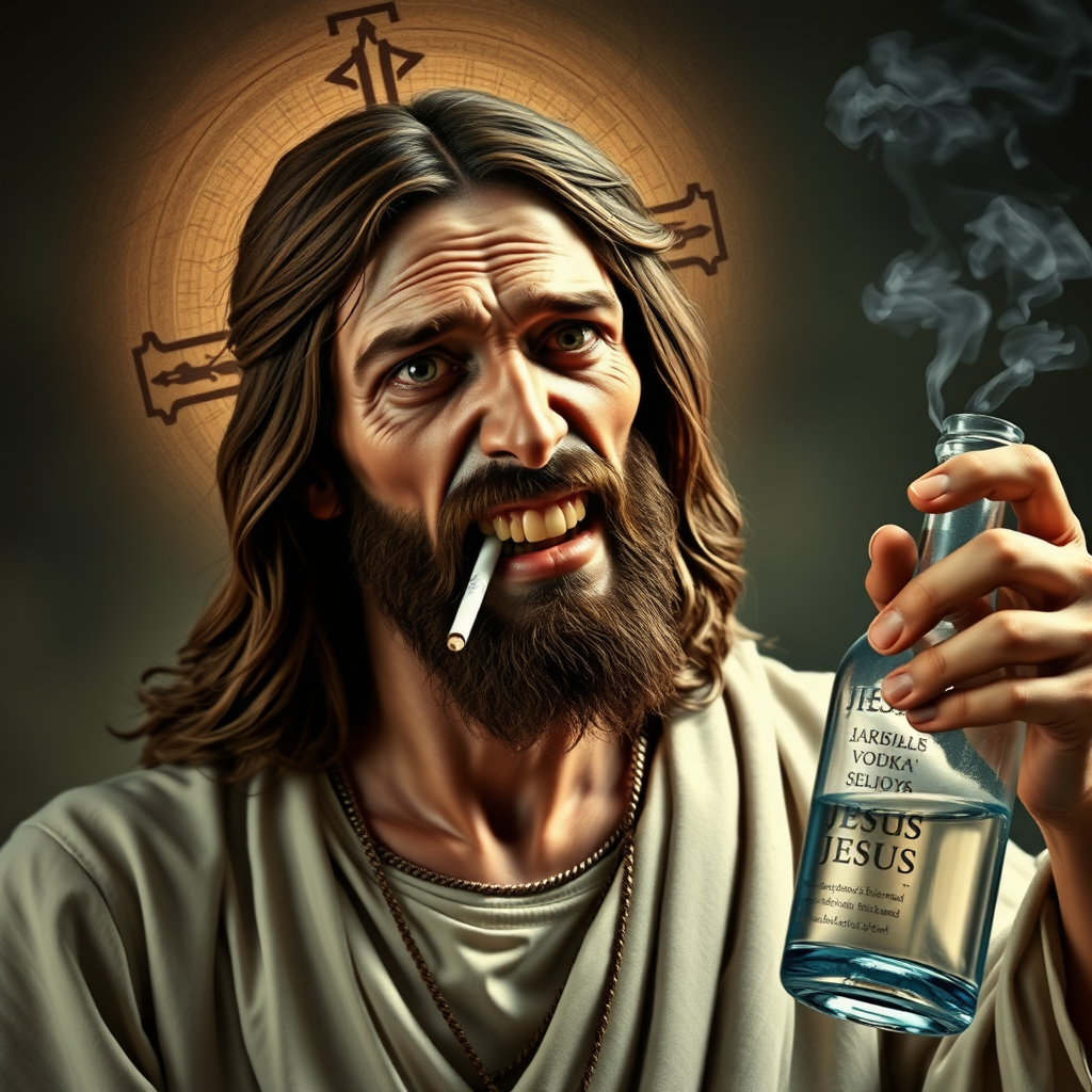 Drunk deformed face Jesus Christ, with a bottle of vodka in one hand and a smoking cigarette in mouth. photorealistic