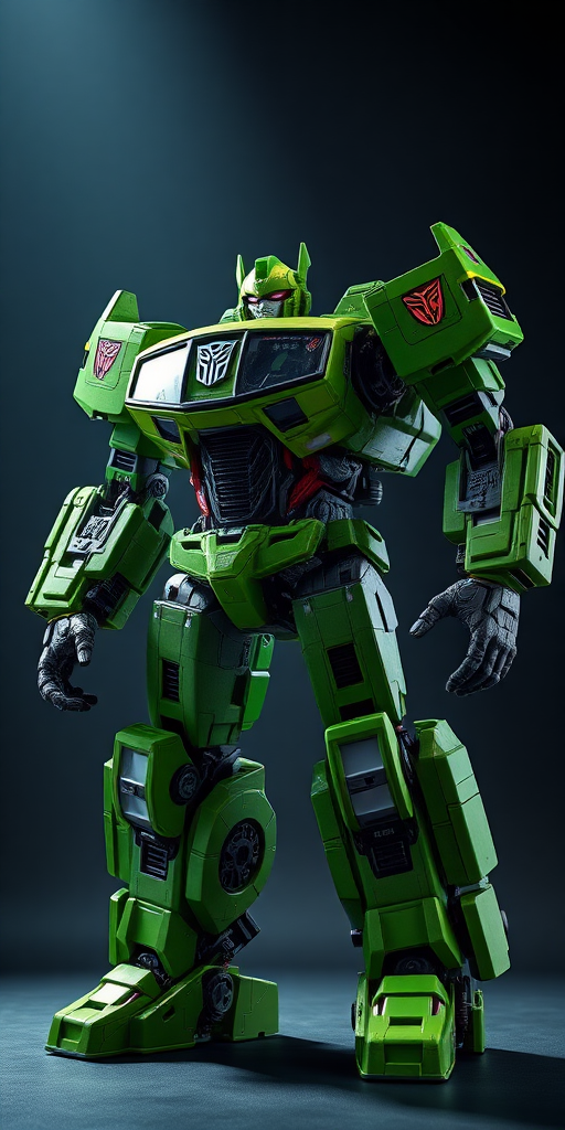 Transformer Devastator, green, stand, the metal texture is strong, realistic style, top light, looking up, full body