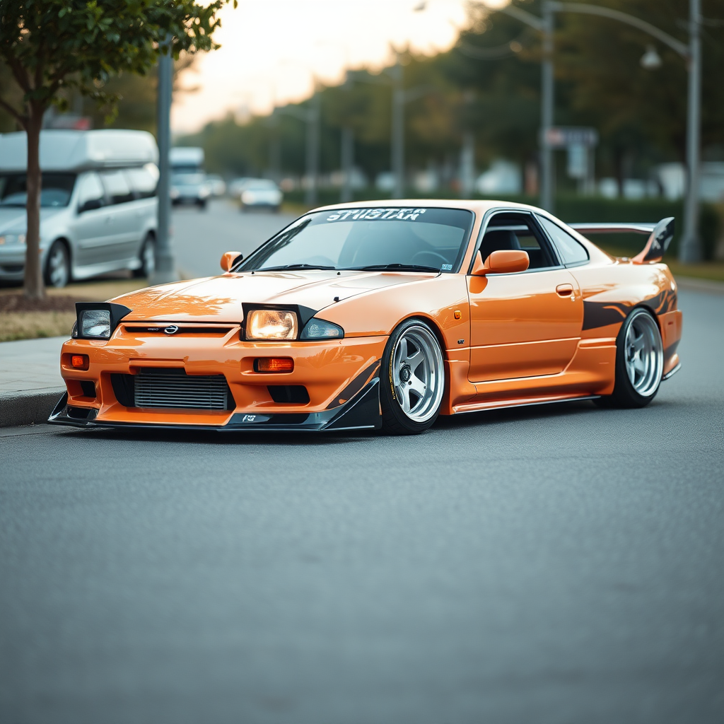 concept tuner nissan silvia s14 the car is parked on the side of the road, inspired by Taiyō Matsumoto, tumblr, restomod, nd4, c4