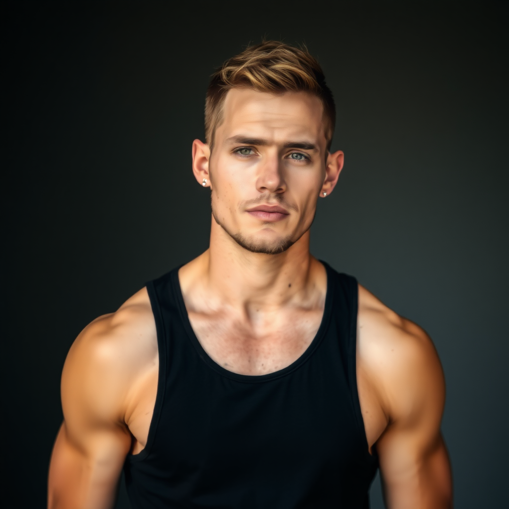 A rugged handsome guy, crew cut, black tank top, upper body.