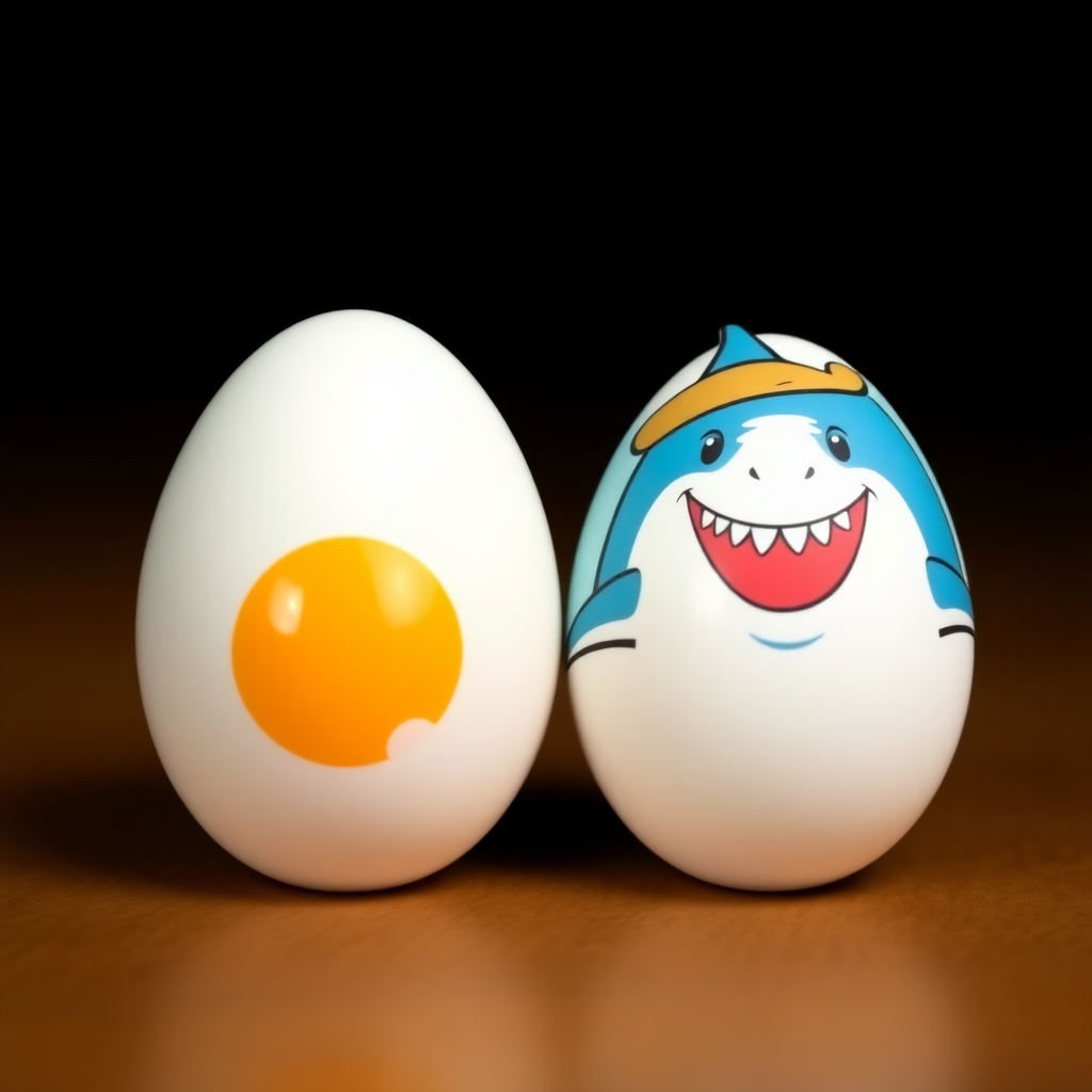 one egg on the left and one egg on the right. between two eggs a laughing shark with a hat.