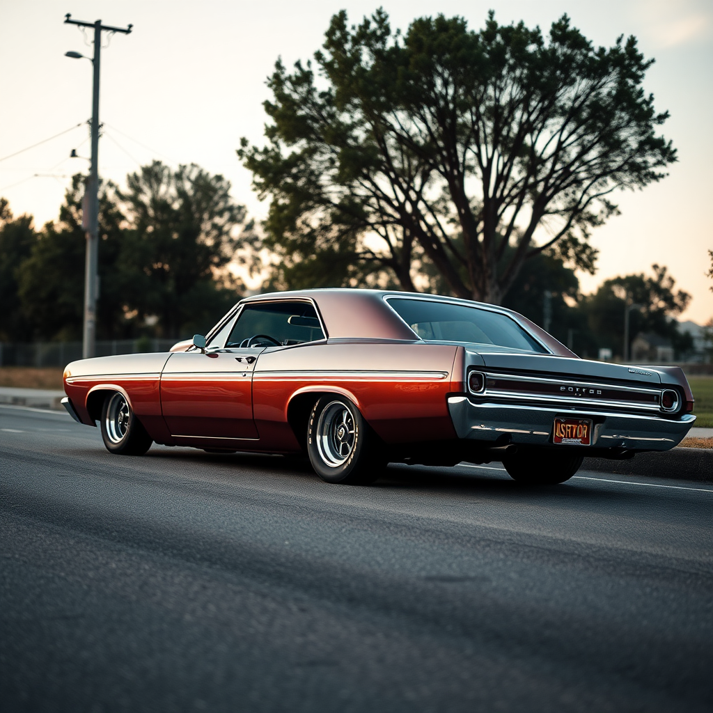 The drag car is parked on the side of the road, inspired by Taiyō Matsumoto, tumblr, restomod, nd4, c4 metallic shine classic american low rider ford.