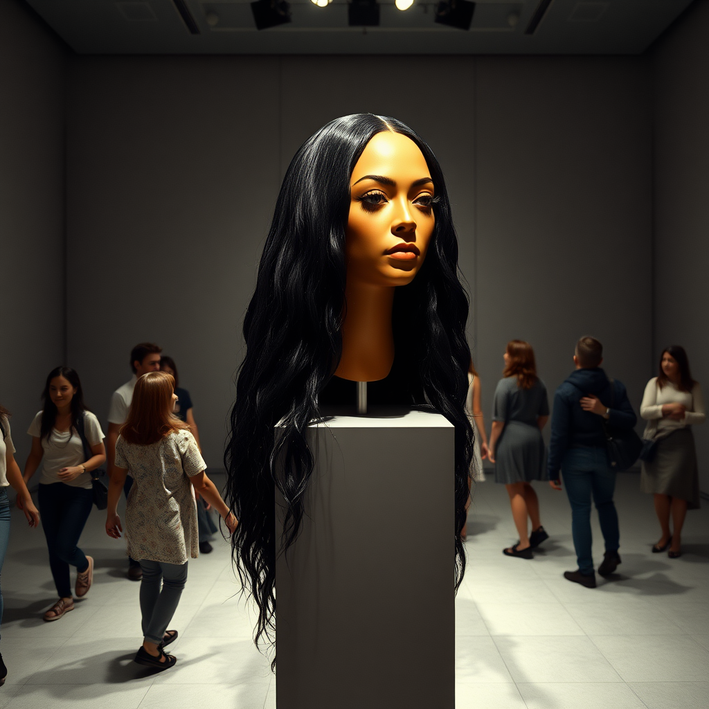 In an enchanting art gallery, a mesmerizing interactive performance art exhibit unfolds, highlighting the stunningly beautiful, very long-haired disembodied head of Beyoncé, elegantly showcased atop a sleek, polished stand. The room is brightly lit, with soft, focused spotlights illuminating her radiant features, accentuating her glossy, flowing hair that cascades down like a waterfall of dark silk. The backdrop is a minimalist, plain gray canvas that expertly contrasts with the vibrant strands of her hair, drawing every eye to the captivating spectacle.

Visitors meander through the space, their fingers twitching with excitement as they gingerly reach out to stroke and style her luxurious locks. The atmosphere buzzes with anticipation and playful fascination, as hushed whispers of admiration ripple through the crowd. Every graceful movement within the gallery is accompanied by a soft rustling of hair as people explore the tactile delight of this extraordinary centerpiece, creating a blend of art and intimacy. The air is alive with a sense of wonder and curiosity, inviting each participant to engage in a whimsical dance of interaction and creativity amidst this unconventional celebration of beauty and artistry.