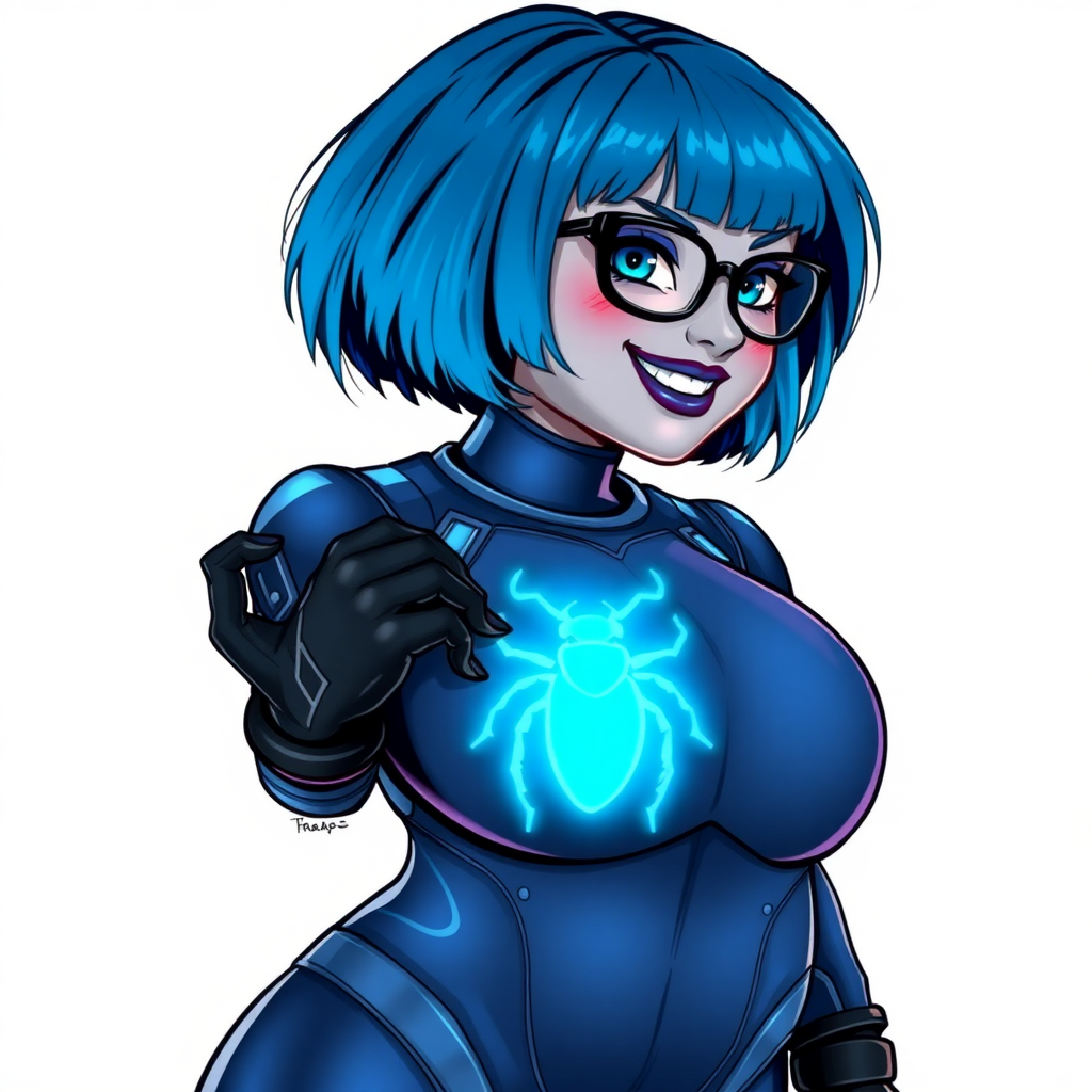 A 28-year-old, full-figured, middle gray metal skinned computer program-human hybrid with a maximum blue bob cut. She is the digital sidekick, computer hacker, and nerdy girlfriend of her cyberpunk vigilante boyfriend. Her middle gray metallic skin, distinct from any other character, highlights her digital nature. She wears maximum blue lipstick and has bright blue eyes. Her outfit includes an oversized digital maximum blue bodysuit with a neon blue glowing chest icon of a beetle and black gloves. Black eyeglasses accentuate her nerdiness, and she has a lovestruck smile with neon red blush. Her non-athletic full figure consists of a prominent, gargantuan, round midsection (with the full emphasis on her gargantuan belly), gigantic limbs, and broad shoulders, reflects the doting care of her vigilante boyfriend. The background is solid white. She is drawn as if she was in a retro 2D cyberpunk fighting game. Ensure her bodysuit covers all her bare skin (especially her round gargantuan belly). Her oversized bodysuit is influenced by DC's superheroine Jennifer Knight Phantom Lady but remains distinct.