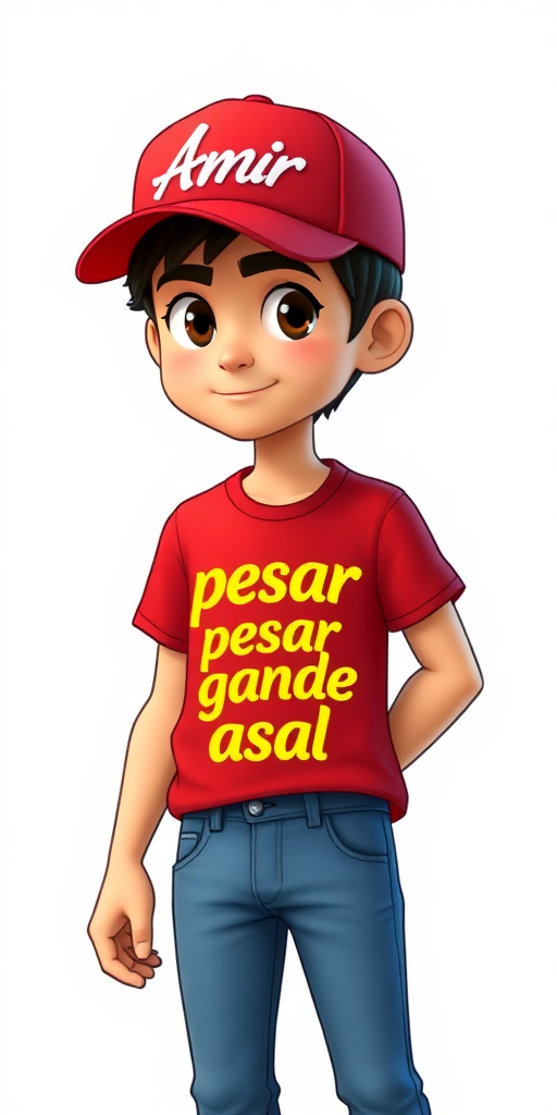 a young man, 20 years old, black hair, red cap that wrote "Amir" on it by white, red t-shirt that wrote "pesar pesar ghande asal" by yellow, blue jean, 3d comic animation, full body