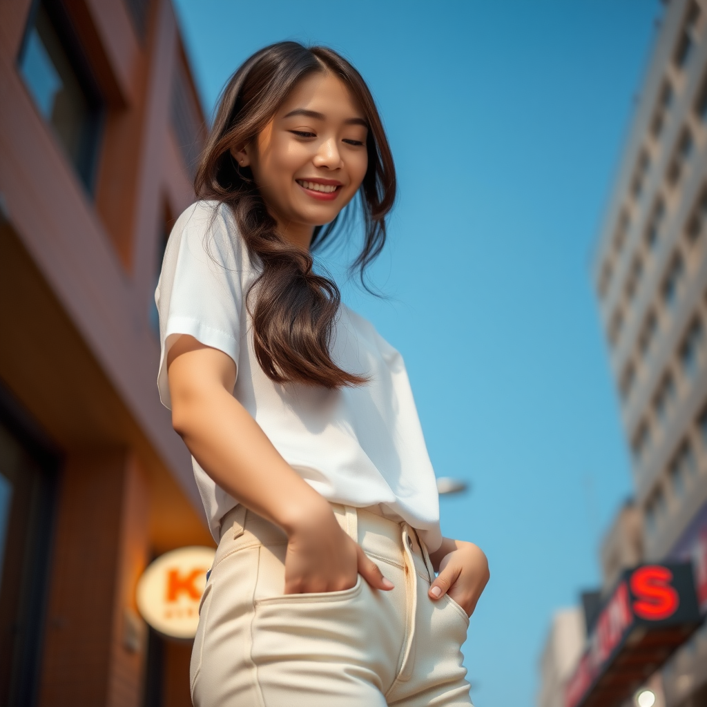 photo low angle full body shot beautiful xiaomeimei smiles looking down. She is putting her hands in her pants pocket