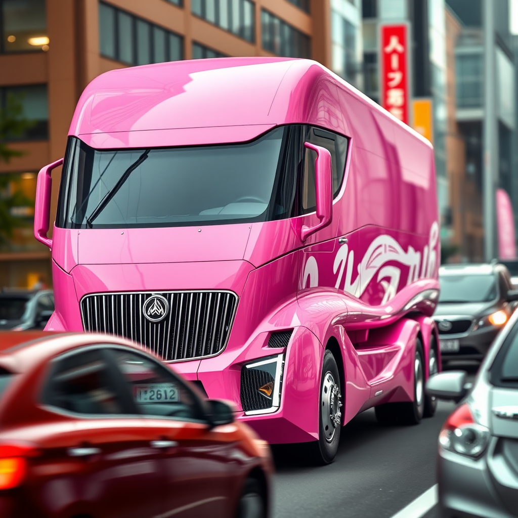 A photo of a futuristic Maybach truck in Tokyo traffic. The truck is a bright pink color and has a unique, elongated design with a large window. The background is blurred and contains other vehicles and buildings. The photo has a bokeh effect.