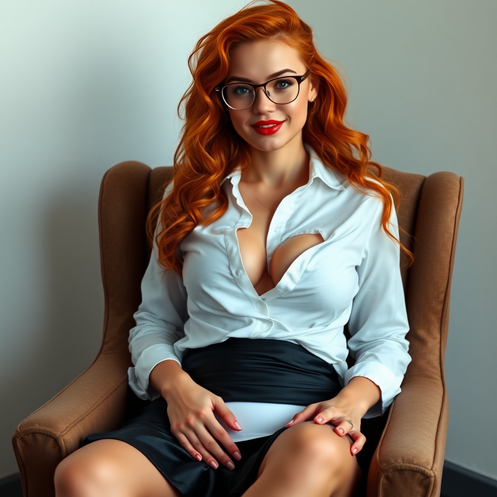 masterpiece, very beautiful 22 year old Finnish woman. red and wavy hair. He is sitting in an armchair. She wears a black satin miniskirt. He wears thin Secretary glasses. He smiles. She wears a low-cut white men's shirt that clings tightly to her. The woman's name is Gobrets. Her hyper-realistic, realistic face, detailed face, and white thong underwear peeking through her miniskirt attract a lot of attention. low-cut, gorgeous, beautiful. Perfect hands, modern style, spicy look, front and bottom view, bright red lipstick. naturally