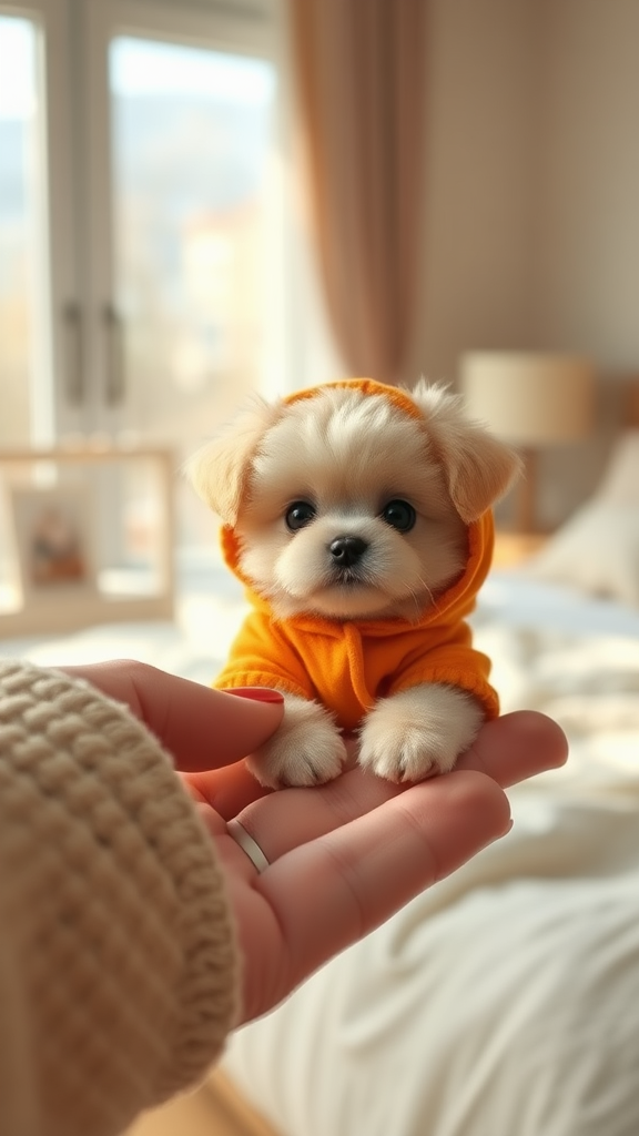 For creating a prompt to generate an image like the one you've uploaded, here's a detailed prompt for the tiny puppy:

Prompt for Art Generation: "Create an ultra-realistic, high-definition image of a miniature fluffy puppy. The puppy should be incredibly small, fitting perfectly in a person's fingertips. It should have soft, cream-colored fur with big, round, expressive black eyes. The puppy is wearing an orange hoodie, giving it an extra cute and cozy look. The setting should be a soft, cozy bedroom with a neutral palette, blurred in the background to highlight the adorable tiny puppy. Ensure the image captures the puppy’s cuteness and the softness of the setting, with soft lighting coming through a large window in the background."